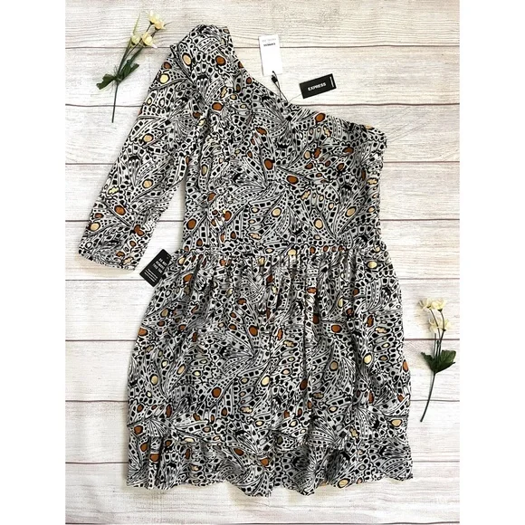 EXPRESS Rachel Zoe Printed One Shoulder Ruffle Mini Dress - Picture 16 of 16